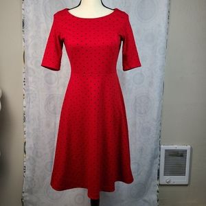 Land's End Ponte Knit red with black polka dot fit & flare dress Sz XS (2-4)